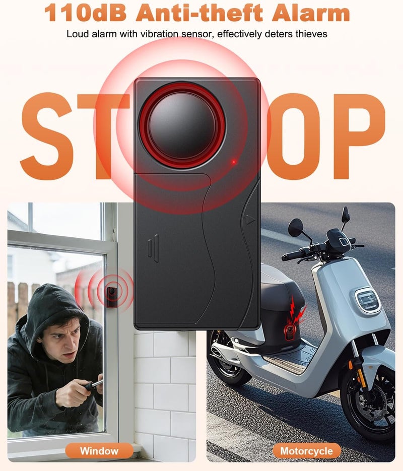 wsdcam [Upgrade] Wireless Vibration Alarm with Remote Control Anti-Theft Alarm Bike/Motorcycle/Vehicle Security Alarm, 110db Loud, Door and Window Alarms - Image 2