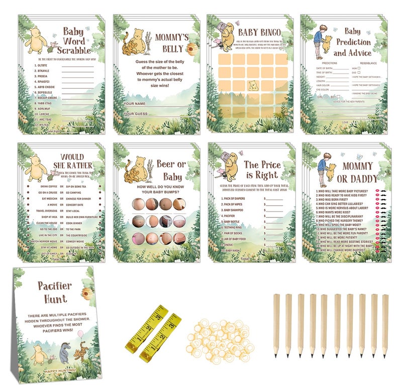 ALodr Winnie Baby Shower Games, 143 Pcs The Pooh Game Cards Set, Gender Reveal Party Decor, The Pooh Baby Shower Decorations, Bear Party Favors, Ctue Bear 9 Games Activities - Image 1