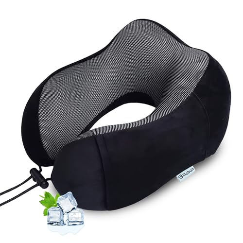 Billebon Neck Pillow for Travel – Cool-Gel Infused Memory Foam Support, U-Shape Ergonomic Design, Portable for Flight Journeys, Lightweight Compact Build, Soft Washable Cover (Black) - Image 1