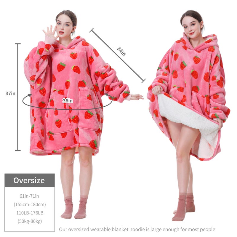 Aemicion Strawberry Blanket Hoodie,Oversized Sherpa Wearable Hooded Blanket,Warm Cozy Sweatshirt Gifts for Women Girls Adult - Image 3
