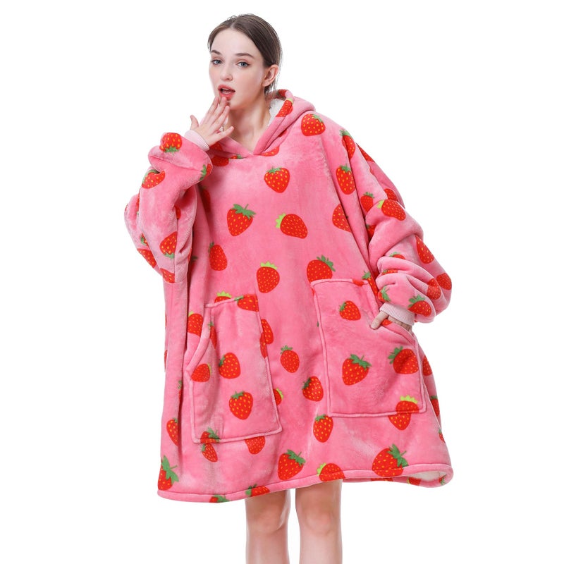 Aemicion Strawberry Blanket Hoodie,Oversized Sherpa Wearable Hooded Blanket,Warm Cozy Sweatshirt Gifts for Women Girls Adult - Image 2