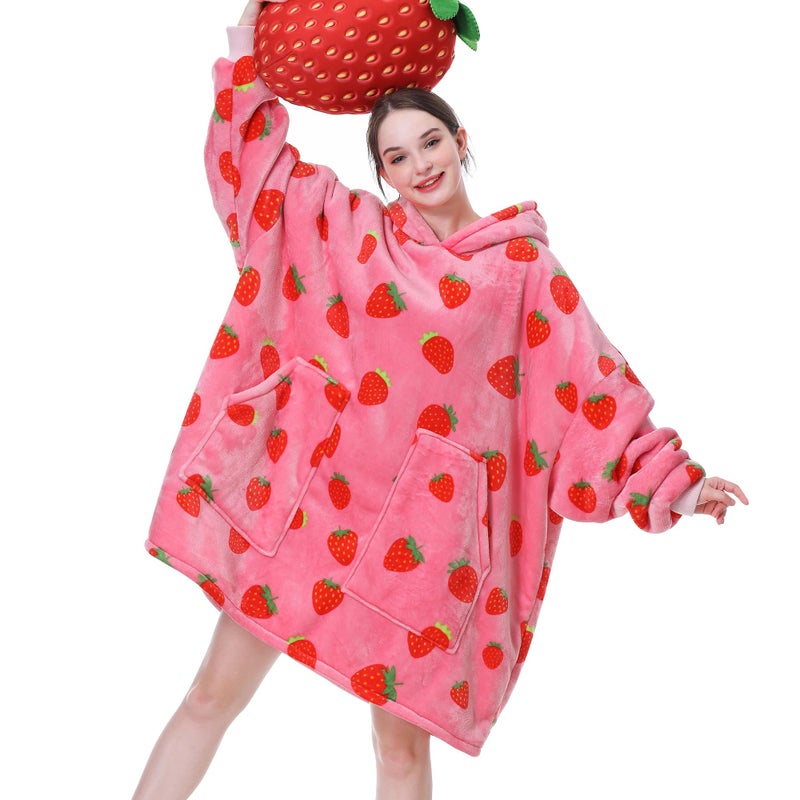 Aemicion Strawberry Blanket Hoodie,Oversized Sherpa Wearable Hooded Blanket,Warm Cozy Sweatshirt Gifts for Women Girls Adult - Image 1