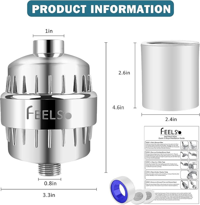 FEELSO FE-15 PRO: فلتر للدش والحنفية للمياه الصلبة، مزود بخرطوشة تنقية المياه الصلبة ذات 15 مرحلة - ملطف مياه عالمي للدش (كروم FE-18 + 2 خرطوشة) - Image 4