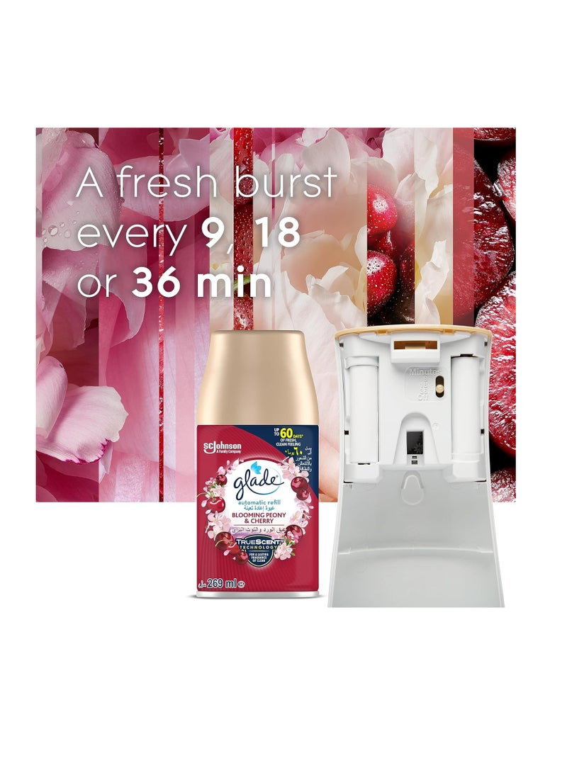 جليد حامل بخاخ أوتوماتيكي من Glade مع معطر جو من الفاوانيا والكرز لمدة تصل إلى 60 يوما من النضارة التلقائية ، 269 ملل - Image 1