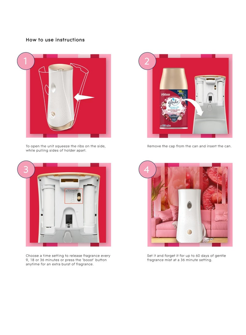 جليد حامل بخاخ أوتوماتيكي من Glade مع معطر جو من الفاوانيا والكرز لمدة تصل إلى 60 يوما من النضارة التلقائية ، 269 ملل - Image 2