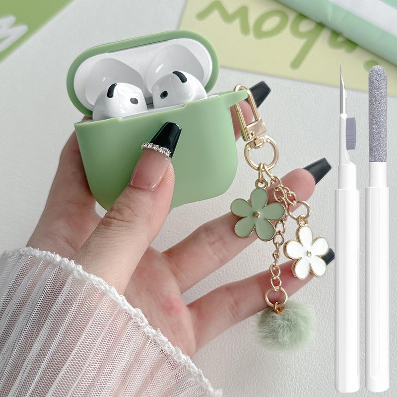 OTOPO Cute Case for Airpods 4 Cover for Girl Women with Pom pom Flower Charms Keychain & Cleaner Kit, Soft Silicone Airpods iPod 4th Gen Protective Cover Skin for Airpod 4 2024 Matcha Green - Image 1