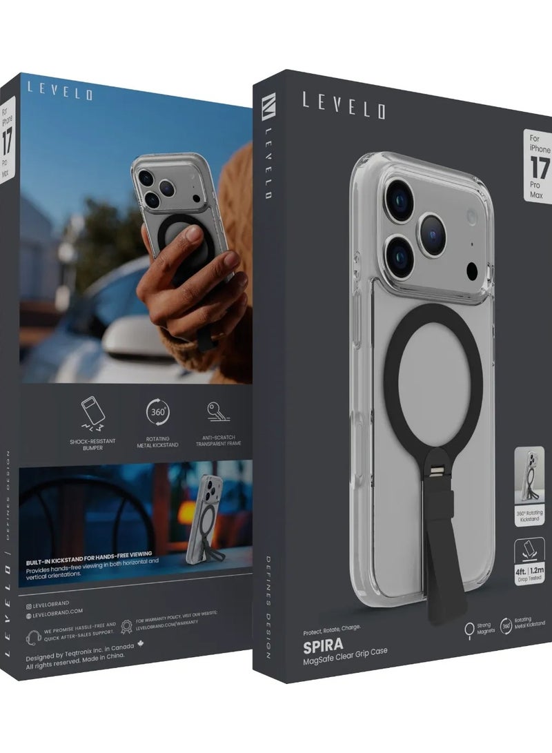 LEVELO iPhone 17 Pro Max MagSafe Spira Grip Case / Anti-Scratch Transparent Frame / 360° Rotating Metal Kickstand / Shock-Resistant Bumper / MagSafe Compatible / Built-In Kick Stand / Strong Magnets - Black - Image 2