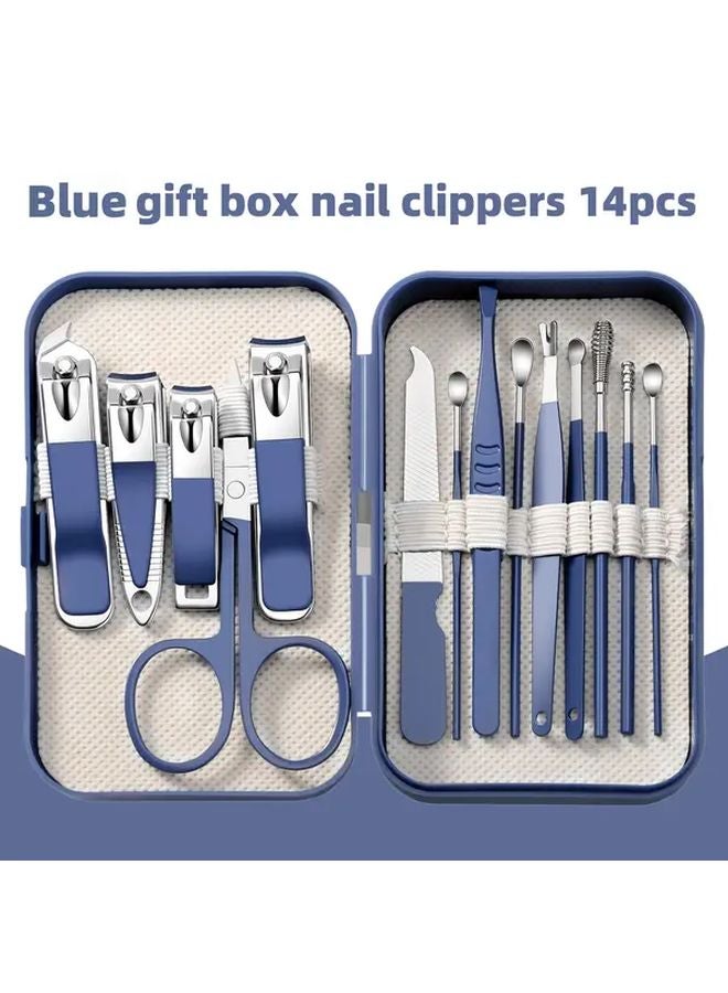 Blue 14 Pcs Nail Clippers Set with Ear Canal Cleaner Manicure Tools Stainless Steel Nail File Polish Remover Brushes - Image 1
