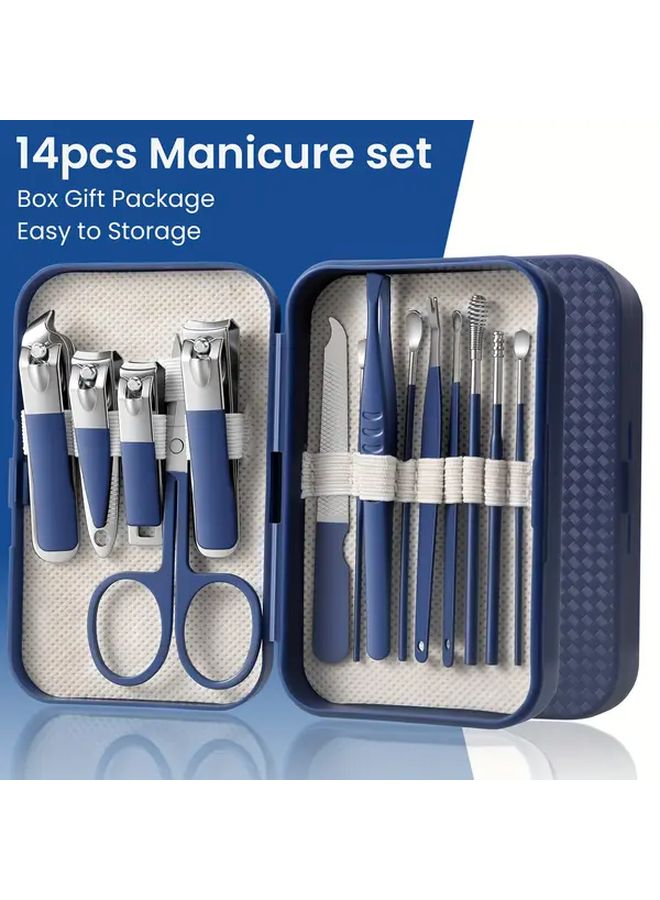 Blue 14 Pcs Nail Clippers Set with Ear Canal Cleaner Manicure Tools Stainless Steel Nail File Polish Remover Brushes - Image 3
