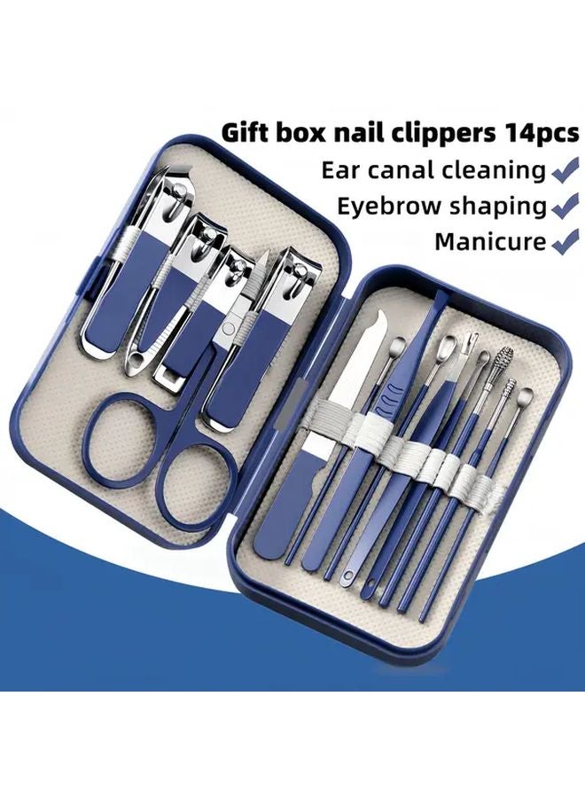 Blue 14 Pcs Nail Clippers Set with Ear Canal Cleaner Manicure Tools Stainless Steel Nail File Polish Remover Brushes - Image 2