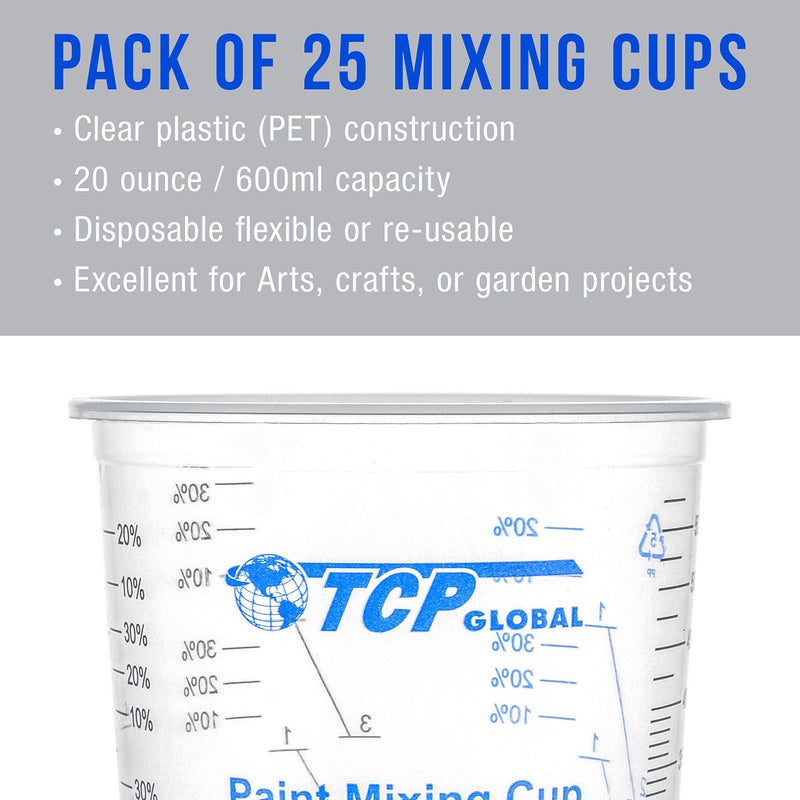 TCP Global TCP Global 20 Ounce (600ml) Disposable Flexible Clear Graduated Plastic Mixing Cups - Box of 50 Cups & 50 Mixing Sticks - Use for Paint, Resin, Epoxy, Art, Kitchen - Measuring Ratios 2-1, 3-1, 4-1, ML  - Image 4