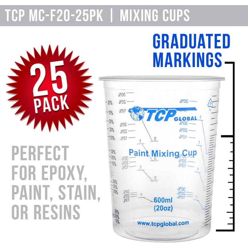 TCP Global TCP Global 20 Ounce (600ml) Disposable Flexible Clear Graduated Plastic Mixing Cups - Box of 50 Cups & 50 Mixing Sticks - Use for Paint, Resin, Epoxy, Art, Kitchen - Measuring Ratios 2-1, 3-1, 4-1, ML  - Image 2