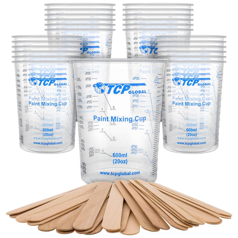 TCP Global TCP Global 20 Ounce (600ml) Disposable Flexible Clear Graduated Plastic Mixing Cups - Box of 50 Cups & 50 Mixing Sticks - Use for Paint, Resin, Epoxy, Art, Kitchen - Measuring Ratios 2-1, 3-1, 4-1, ML  - Image 1