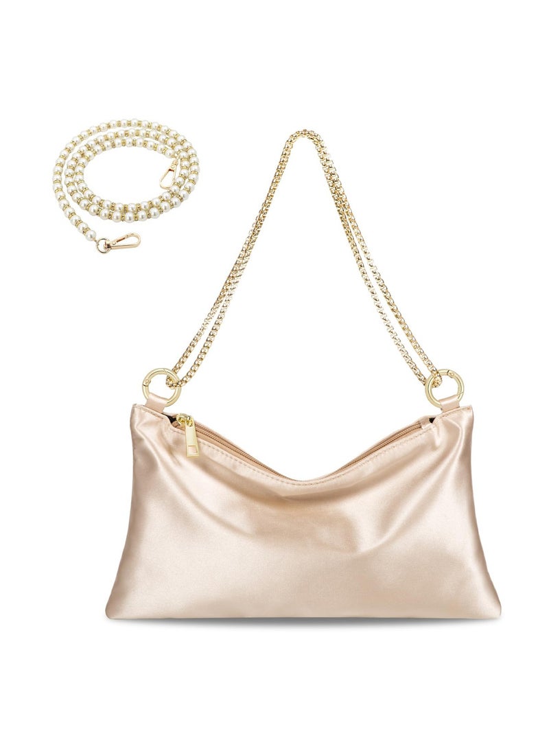 SYOSI Women's Satin Evening Handbag Shoulder Bag, Wedding Prom Clutch Purse Formal Party Clutches Shoulder Bag with 2 Bag Chains for Party Prom Wedding Concert (Champagne Satin) - Image 1