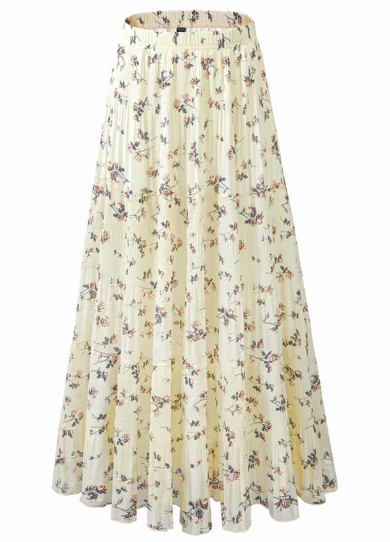 NiPaMi Women's Chiffon White Flowy Maxi Skirt Boho Summer Elastic Waisted Pleated A Line Long Skirts for Women 2026(Beige Floral-23,L) - Image 4