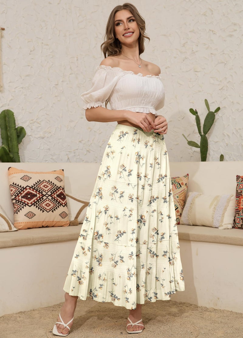 NiPaMi Women's Chiffon White Flowy Maxi Skirt Boho Summer Elastic Waisted Pleated A Line Long Skirts for Women 2026(Beige Floral-23,L) - Image 2