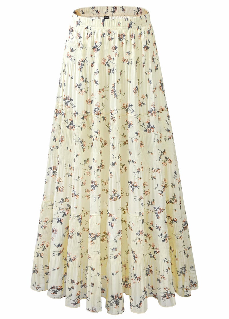 NiPaMi Women's Chiffon White Flowy Maxi Skirt Boho Summer Elastic Waisted Pleated A Line Long Skirts for Women 2026(Beige Floral-23,L) - Image 1