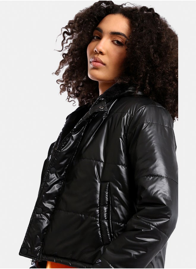 RAVIN Shiny Puffer Black Regular Winter Jacket 