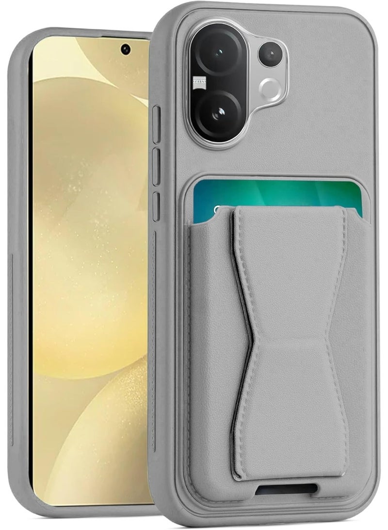 جراب محفظة جلدي متوافق مع هاتف Vivo V60 5G، غطاء خلفي من الجلد مع إطار من مادة TPU، جراب هاتف واقٍ مقاوم للصدمات مع حامل للبطاقات (رمادي)