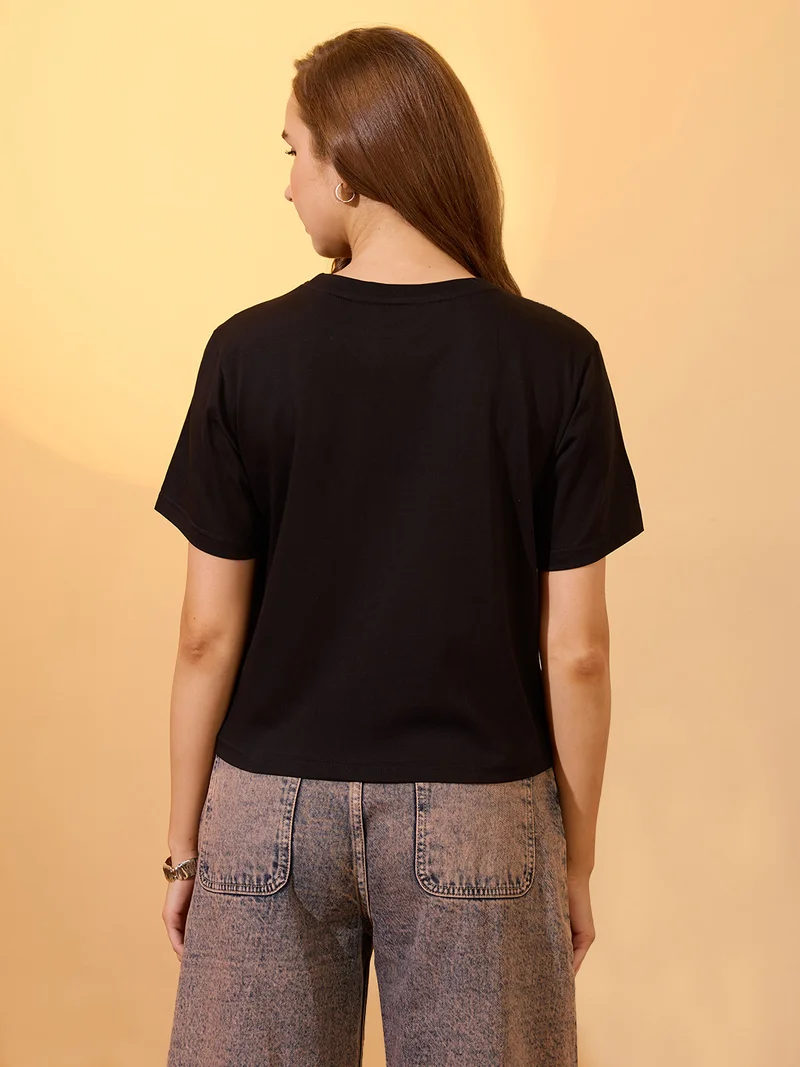globus Women Black Round Neck Short Sleeves Graphic Print Oversized Crop T-Shirt