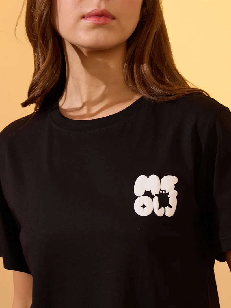globus Women Black Round Neck Short Sleeves Graphic Print Oversized Crop T-Shirt