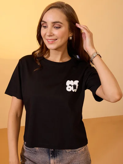 globus Women Black Round Neck Short Sleeves Graphic Print Oversized Crop T-Shirt