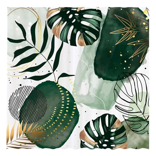 Funnytree 72"x72" Green Chic Abstract Shower Curtain Boho Leaves Tropical Watercolor Simple Minimalist Fancy Modern Bathroom Bathtubs Decor Washable - Image 1