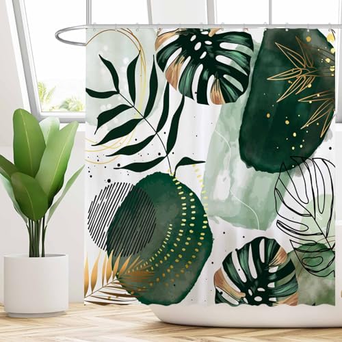 Funnytree 72"x72" Green Chic Abstract Shower Curtain Boho Leaves Tropical Watercolor Simple Minimalist Fancy Modern Bathroom Bathtubs Decor Washable - Image 2