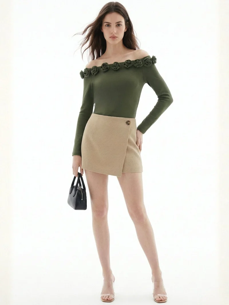 Outzidr  Olive Off-Shoulder Full Sleeved Top With Floral Embellishments for Women | Best Price UAE