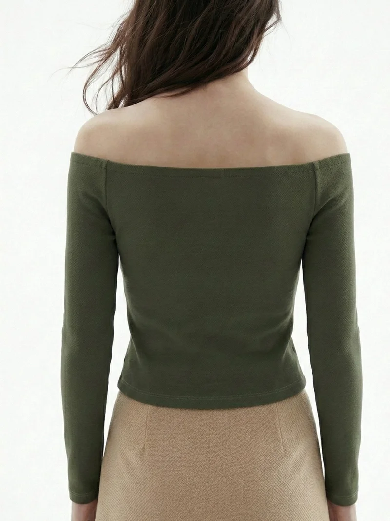 Outzidr  Olive Off-Shoulder Full Sleeved Top With Floral Embellishments for Women | Best Price UAE