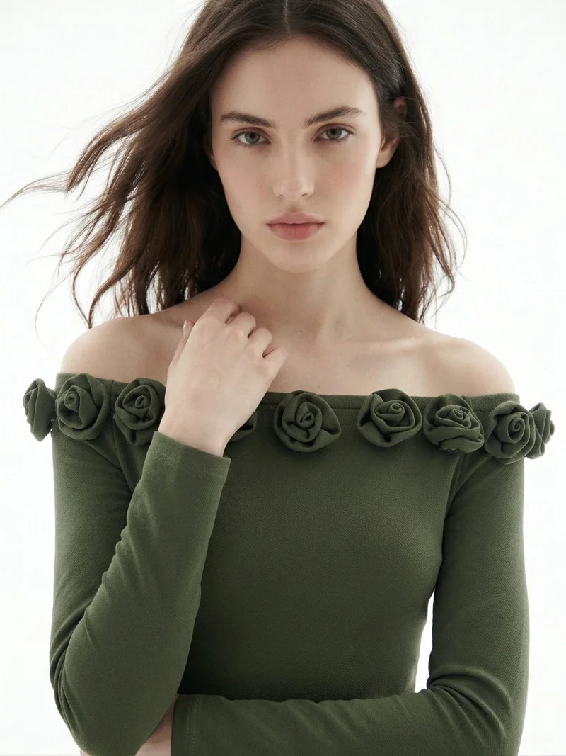 أوجيدر Olive Off-Shoulder Full Sleeved Top With Floral Embellishments