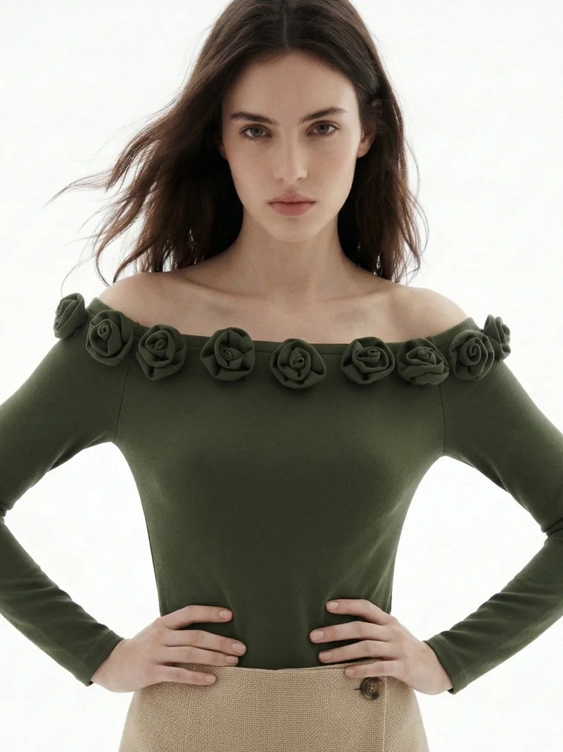 أوجيدر Olive Off-Shoulder Full Sleeved Top With Floral Embellishments