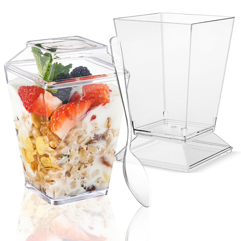 TOFLEN 50 Pack 5 oz Plastic Dessert Cups with Lids for Party Mini Square Dessert Cups with Spoons for Yogurt Parfait Pudding Jello and Appetizers Dessert Shooters