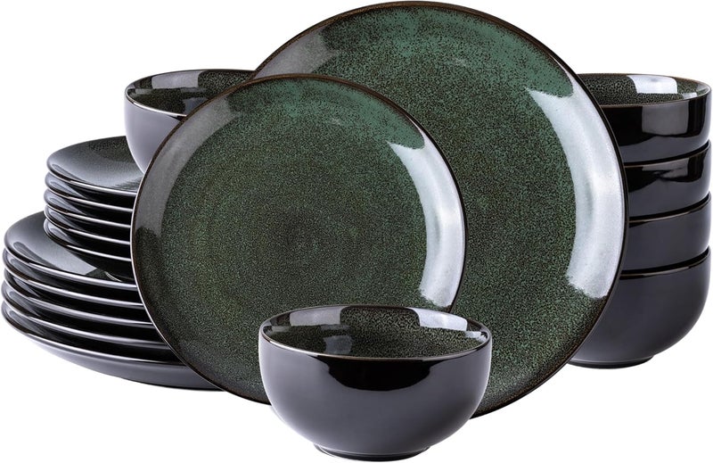 LeRatio Ceramic Dinnerware Sets for 6Plates and Bowls SetsHandmade Reactive Glaze Dishes SetChip Resistant and Scratch Resistant  OvenDishwasher  Microwave SafeService for 6Green 18PCS - Image 1