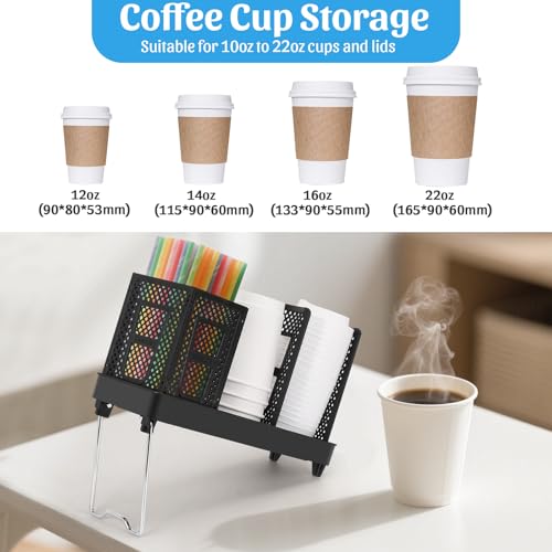 Honlibey Coffee Cup Dispenser with Straws Holder, Plastic Coffee Cup and Lid Holder, 5-20oz Disposable Paper Cups Organizer for Countertop, Station, Bar, Office, Restaurant, Breakroom(3 Compartments) - Image 3