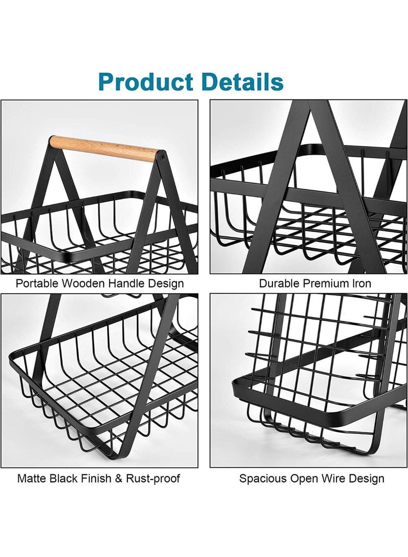 OMG 2 Tier Fruit Basket Stand Metal Kitchen Organizer Vegetable & Bread Storage Rack Countertop Holder with Wooden Handle Black 27×18.5×32cm - Image 4