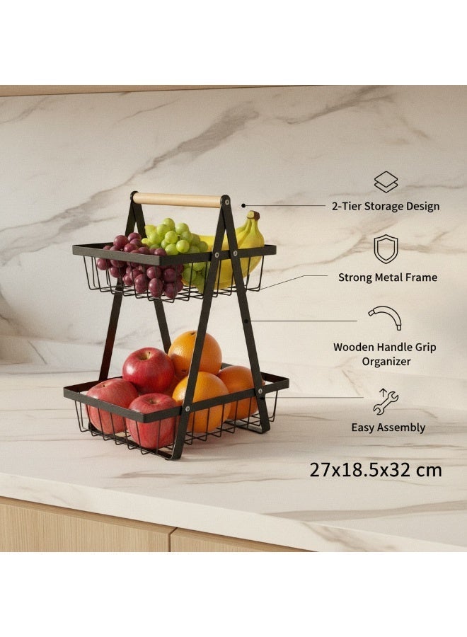 OMG 2 Tier Fruit Basket Stand Metal Kitchen Organizer Vegetable & Bread Storage Rack Countertop Holder with Wooden Handle Black 27×18.5×32cm - Image 1