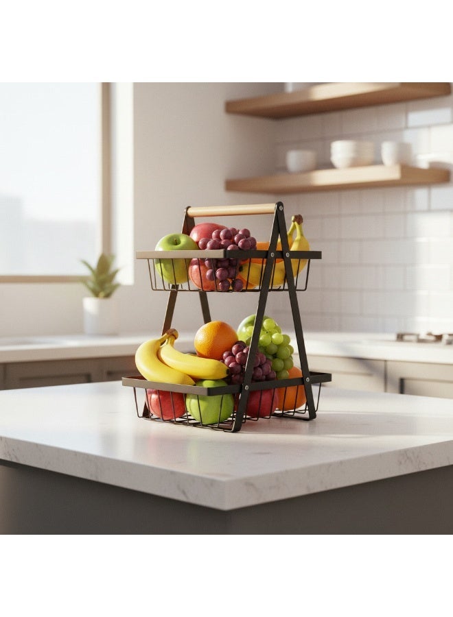 OMG 2 Tier Fruit Basket Stand Metal Kitchen Organizer Vegetable & Bread Storage Rack Countertop Holder with Wooden Handle Black 27×18.5×32cm - Image 3