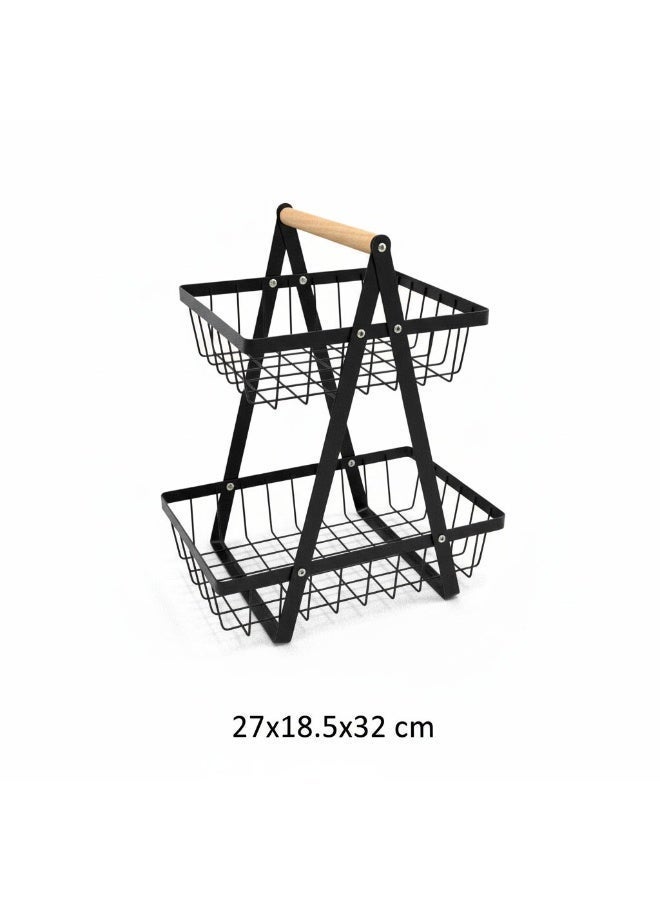OMG 2 Tier Fruit Basket Stand Metal Kitchen Organizer Vegetable & Bread Storage Rack Countertop Holder with Wooden Handle Black 27×18.5×32cm - Image 2