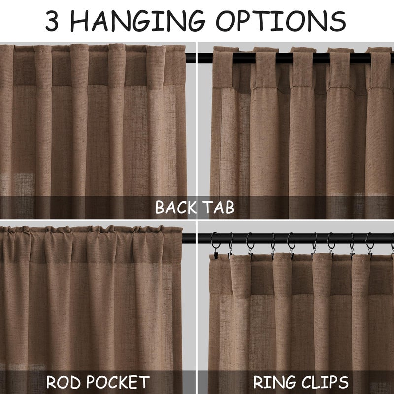 Nanspring Caramel Brown Linen Curtains 84 Inches Long For Bedroom Back Tab Light Filtering Privacy Semi Sheer Curtains Modern Farmhouse Decor Cotton Textured Curtain For Living Room 2 Panels Set 52X84 Inch - Image 2