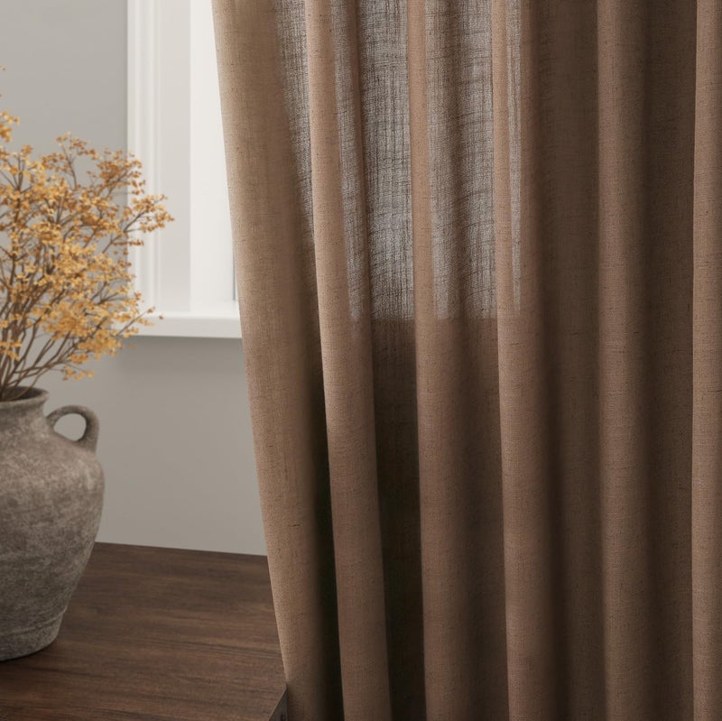 Nanspring Caramel Brown Linen Curtains 84 Inches Long For Bedroom Back Tab Light Filtering Privacy Semi Sheer Curtains Modern Farmhouse Decor Cotton Textured Curtain For Living Room 2 Panels Set 52X84 Inch - Image 3