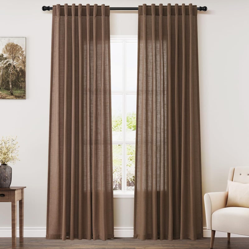 Nanspring Caramel Brown Linen Curtains 84 Inches Long For Bedroom Back Tab Light Filtering Privacy Semi Sheer Curtains Modern Farmhouse Decor Cotton Textured Curtain For Living Room 2 Panels Set 52X84 Inch - Image 1