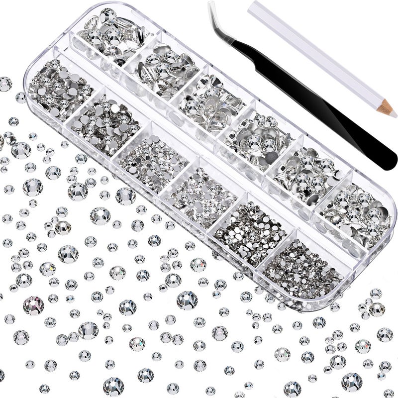 2000 Pieces Flat Back Gems Rhinestones 6 Sizes 156 Mm Round Crystal with Pick up Tweezer and Rhinestones Picking Pen for Crafts Nail Clothes Shoes Bags DIY Art Clear