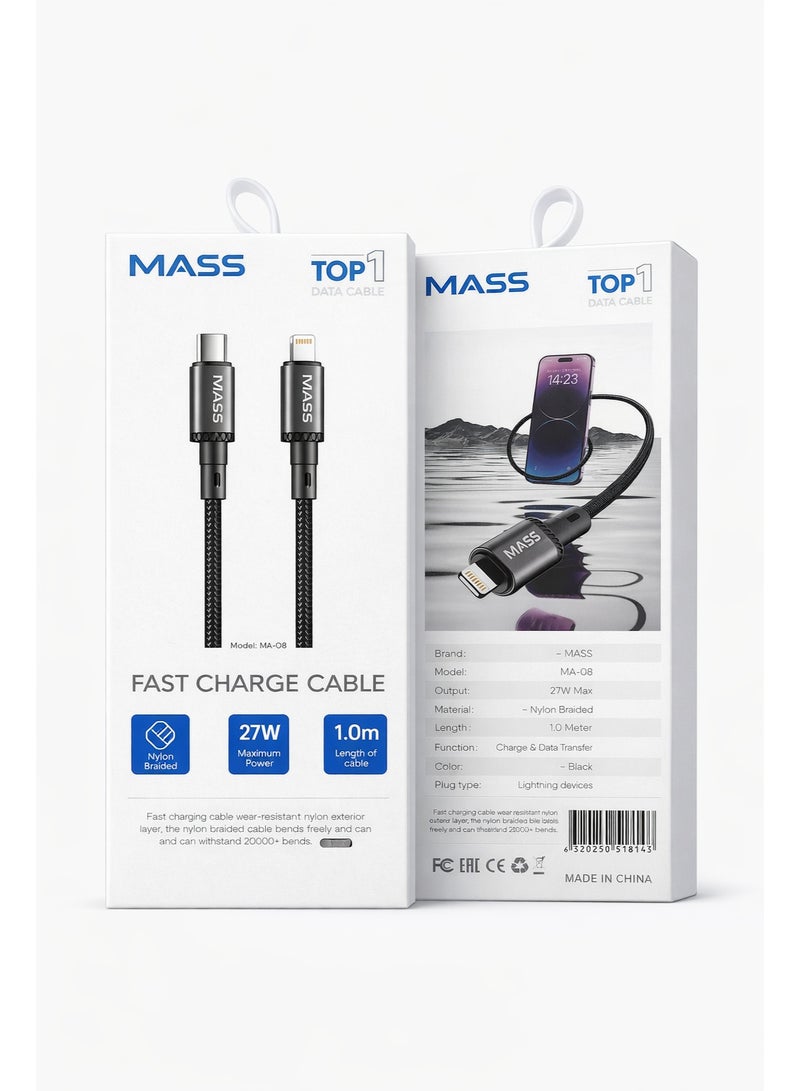 Mass (USB-C to Lightning) 27W Fast Charging Cable, Nylon Braided Model: MA-08, Compatible With iPhone 14/13/12/11 Series, MacBook, iPads and Tablets, 1M Length - Black - 1 Year Local Warranty - Image 2
