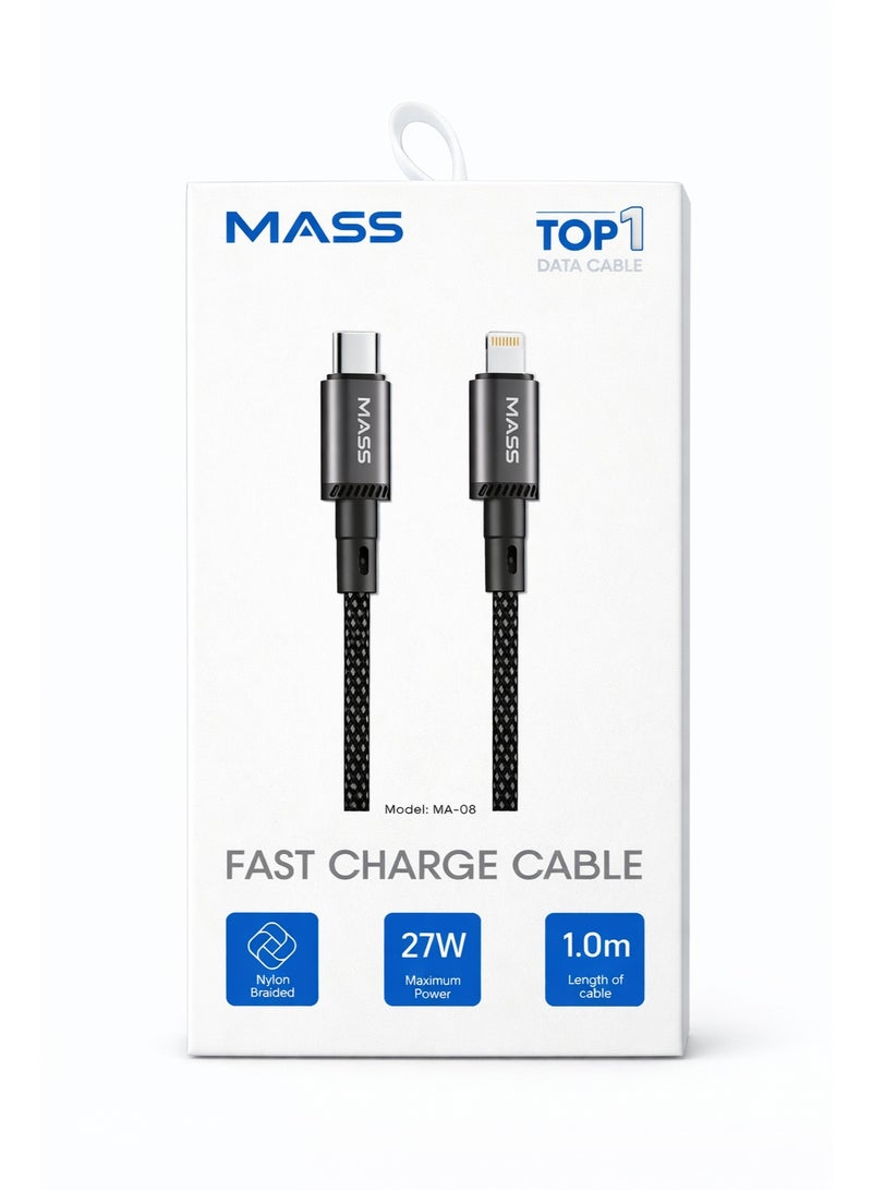 Mass (USB-C to Lightning) 27W Fast Charging Cable, Nylon Braided Model: MA-08, Compatible With iPhone 14/13/12/11 Series, MacBook, iPads and Tablets, 1M Length - Black - 1 Year Local Warranty - Image 1