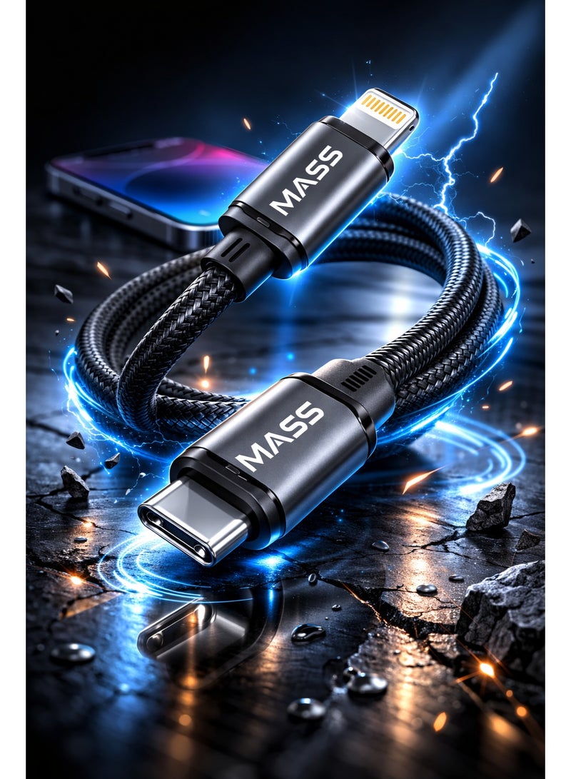 Mass (USB-C to Lightning) 27W Fast Charging Cable, Nylon Braided Model: MA-08, Compatible With iPhone 14/13/12/11 Series, MacBook, iPads and Tablets, 1M Length - Black - 1 Year Local Warranty - Image 4
