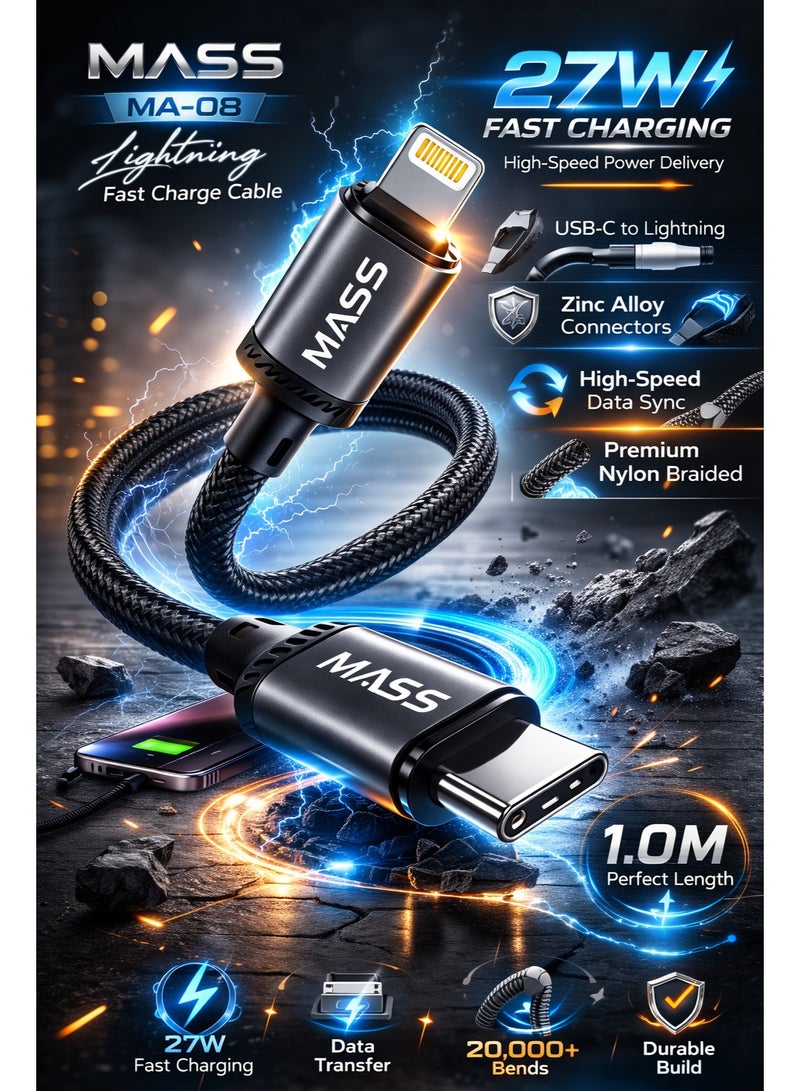 Mass (USB-C to Lightning) 27W Fast Charging Cable, Nylon Braided Model: MA-08, Compatible With iPhone 14/13/12/11 Series, MacBook, iPads and Tablets, 1M Length - Black - 1 Year Local Warranty - Image 3