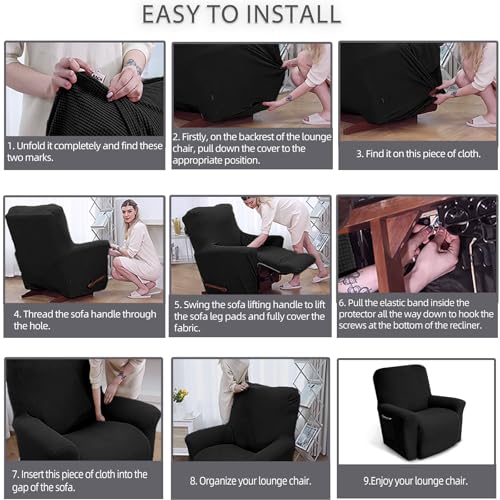 KEKUOU Recliner Chair Covers Lazy Boy Recliner Covers Stretch Couch Cover Slipcovers 1 Piece Furniture Protector with Elastic Bottom for Dog,Kids.(One Size, Black) - Image 5