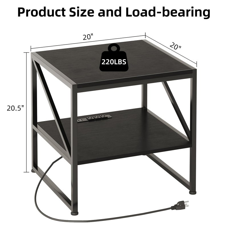 Mexin End Table with Charging Station, 20 Inch Square Side Table with USB Ports & Power Outlets, Mini Fridge Stand with 2-Tier Storage Shelf Adjustable, Industrial Wood Nightstand for Small Spaces, Black - Image 3