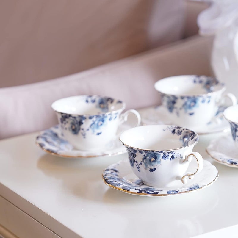 Jomop Ceramic Tea Cups Coffee Cup and Saucers Set of 4 Blue and White - Image 4